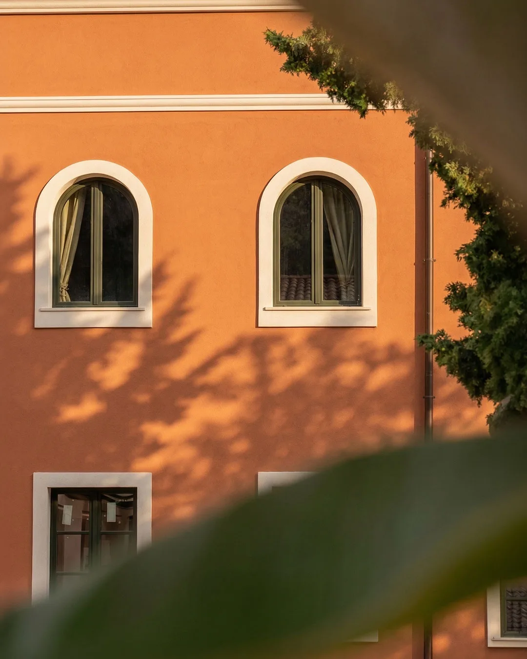 The arched windows of the terracotta facade