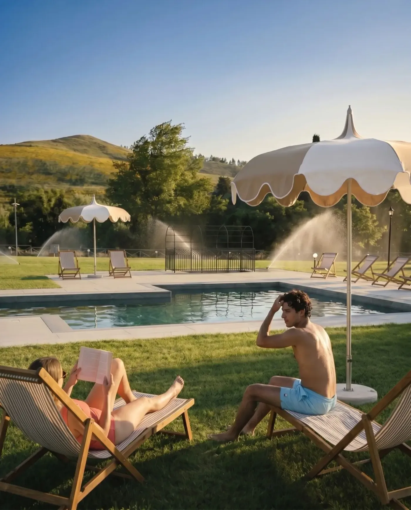 Sun loungers by the pool in the green of the estate