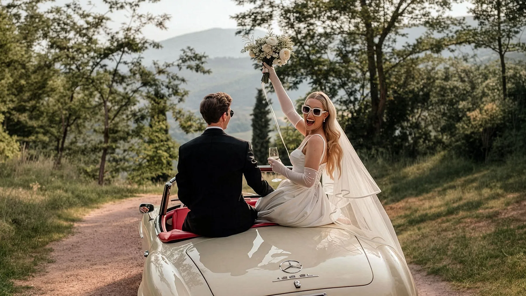 A bride and groom in the grounds of La Baronella